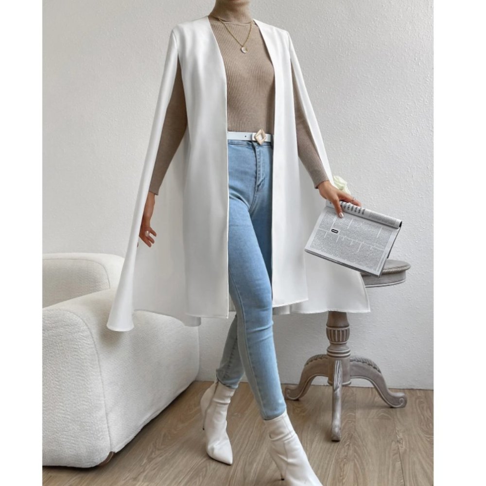 EMERY ROSE Solid Open Front Cape Coat in White Size XS (2) NWOT